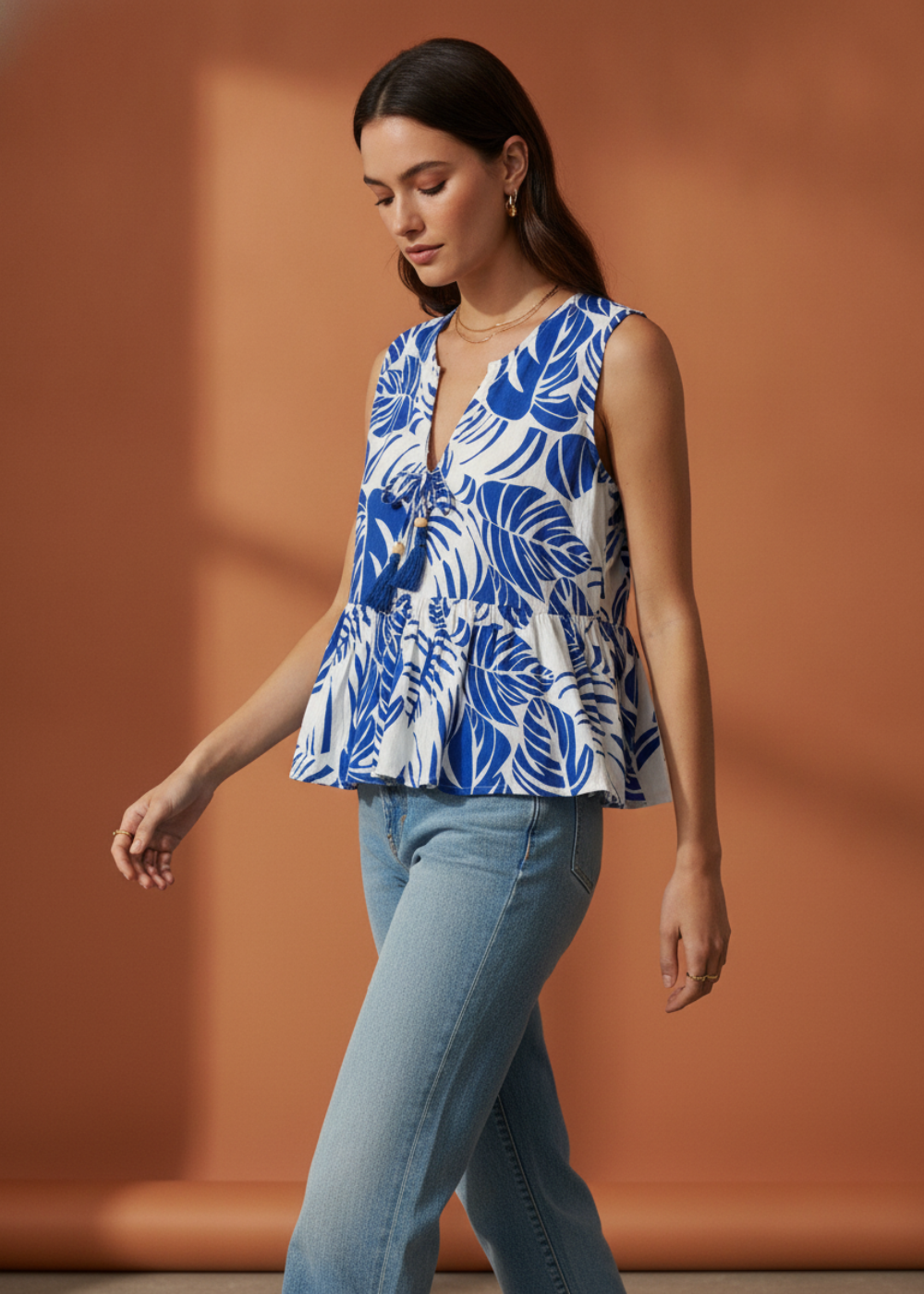 Sleeveless Botanical Print Peplum Top