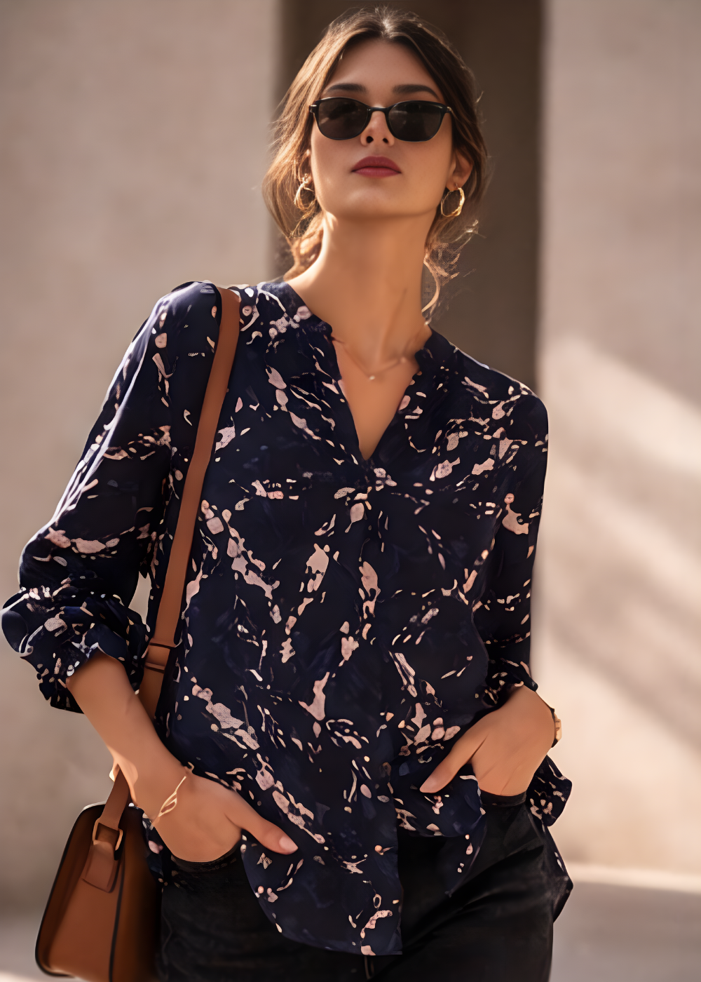 Smocked Cuff V-Neck Blouse