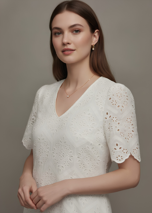 V-Neck Eyelet Midi Dress