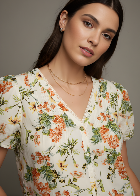Lace-Trim Puff Sleeve Top