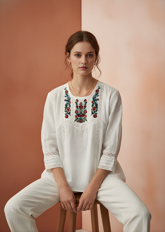 Embroidered Lace Trim Blouse