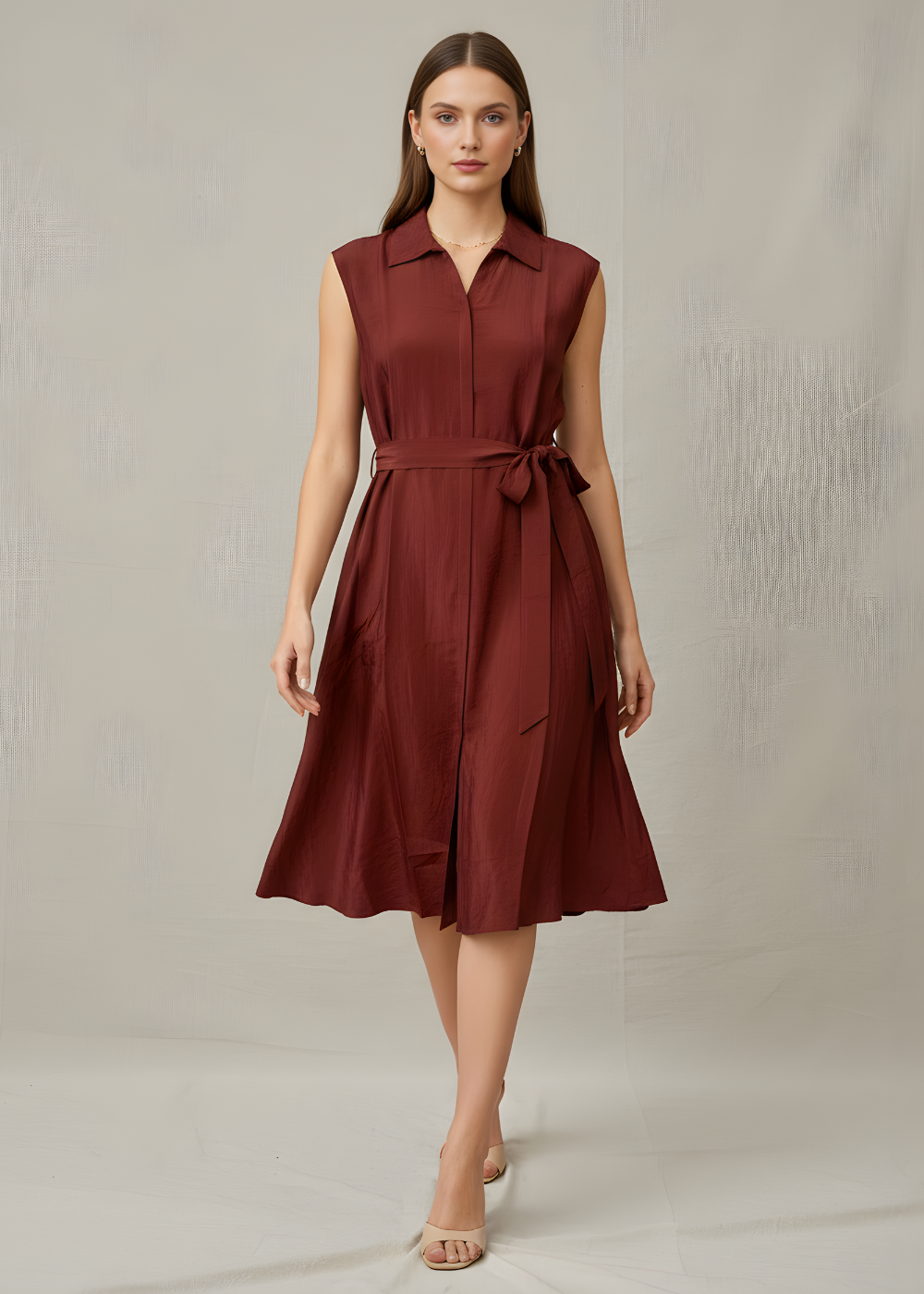 Tie-Waist Collared Midi Dress