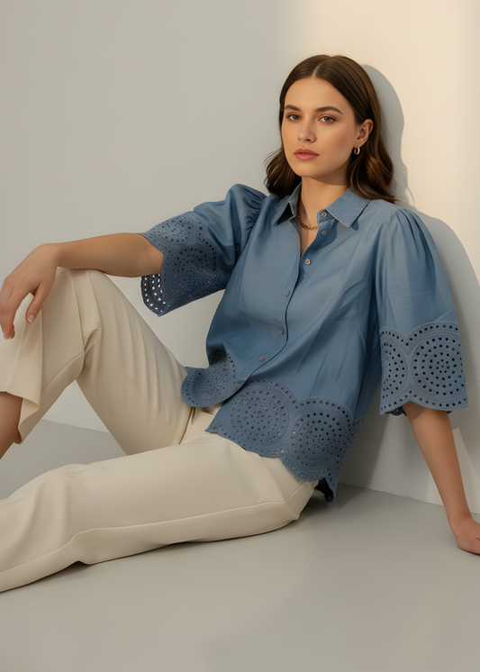 Puff-Sleeve Cutwork Blouse