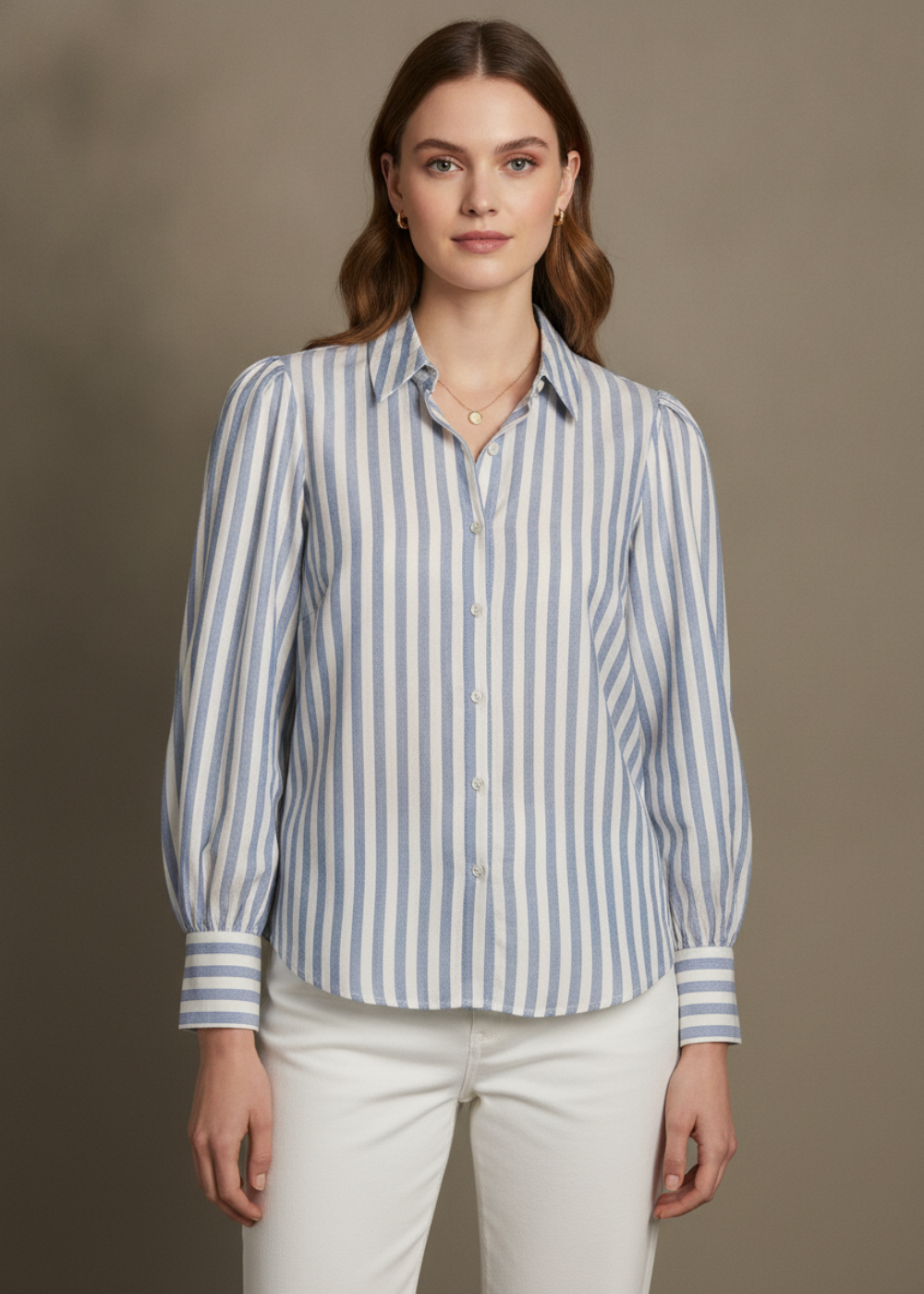 Puff Sleeve Striped Button-Down Blouse