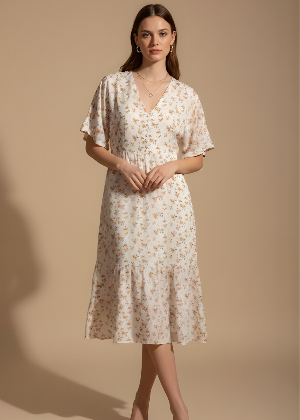 Printed V-Neck Midi Dress