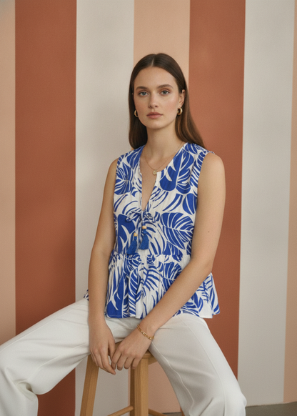 Sleeveless Botanical Print Peplum Top