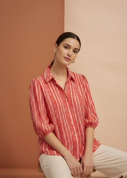Printed Gathered-Sleeve Blouse