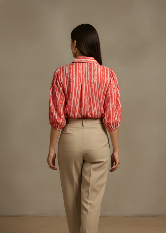 Printed Gathered-Sleeve Blouse