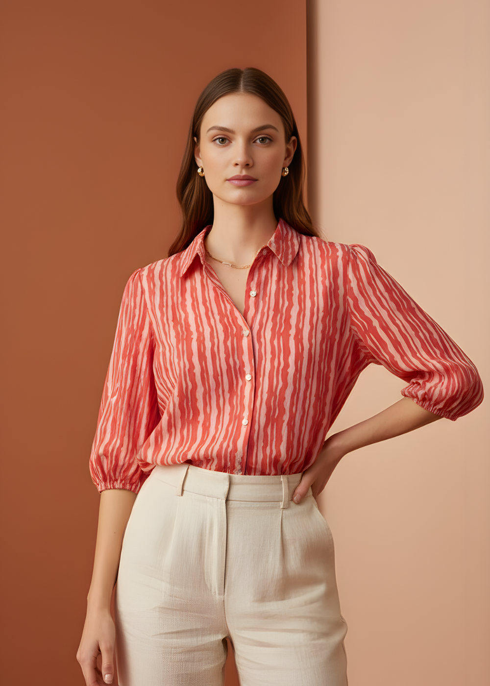Printed Gathered-Sleeve Blouse