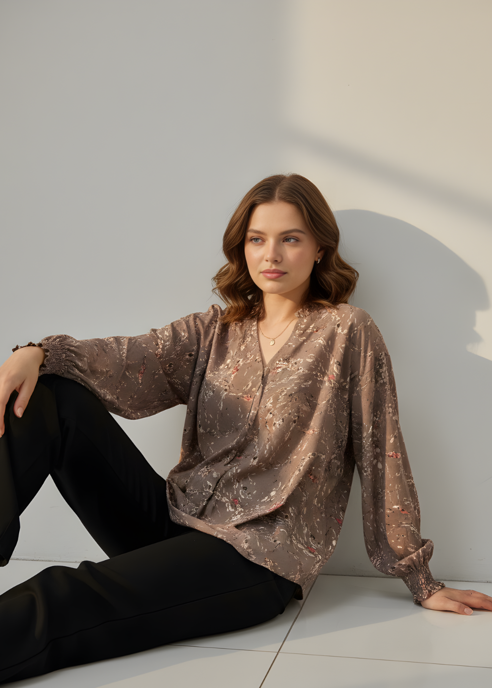 Smocked Cuff V-Neck Blouse