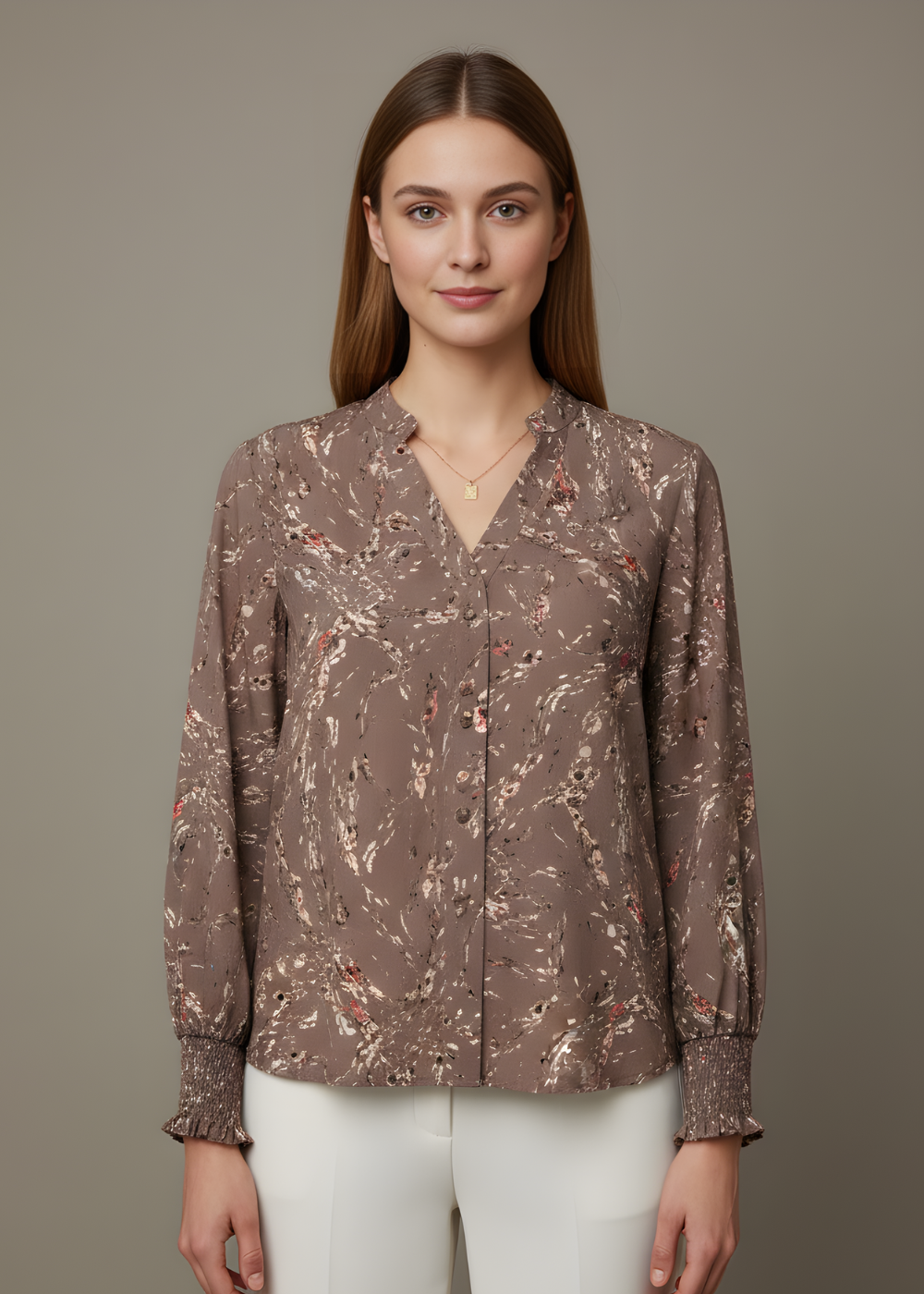 Smocked Cuff V-Neck Blouse