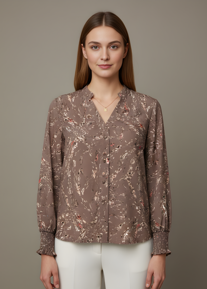 Smocked Cuff V-Neck Blouse