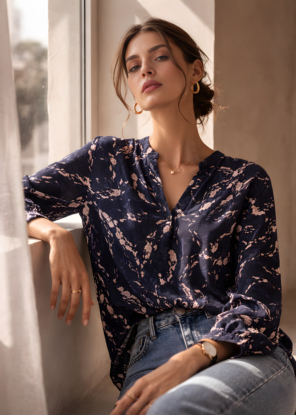 Smocked Cuff V-Neck Blouse