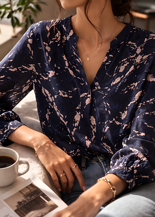 Smocked Cuff V-Neck Blouse