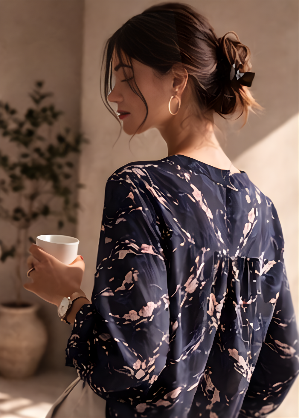Smocked Cuff V-Neck Blouse