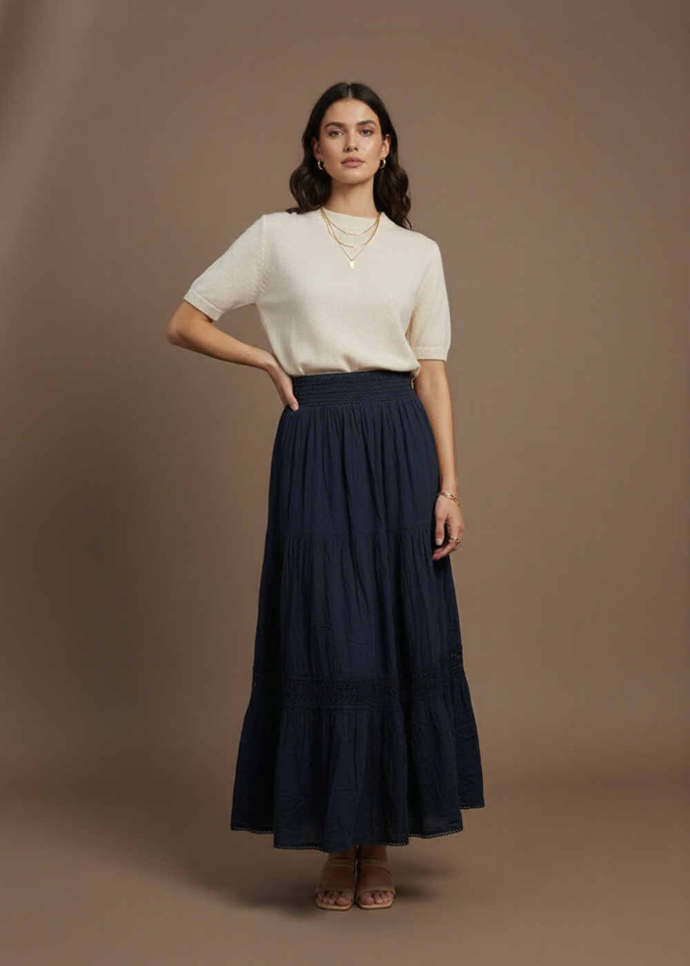 Lace-Trim Tiered Maxi Skirt