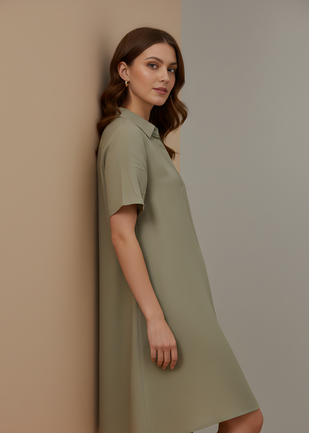 Collared V-Neck Tunic Dress