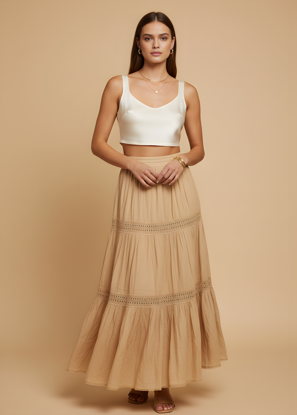 Lace-Trim Tiered Maxi Skirt