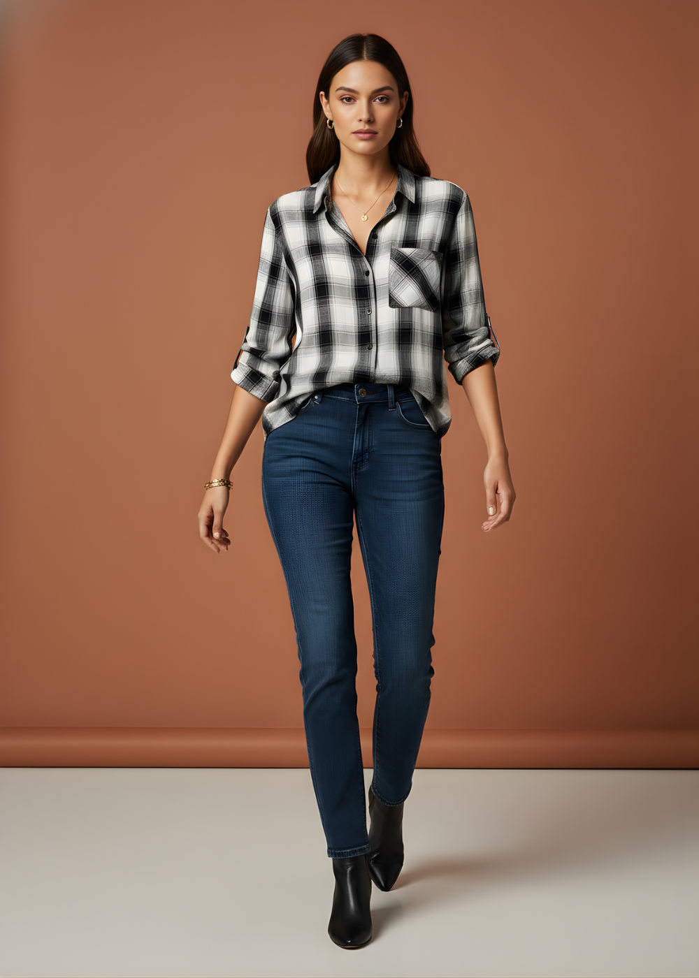 Roll-Sleeve Plaid Shirt