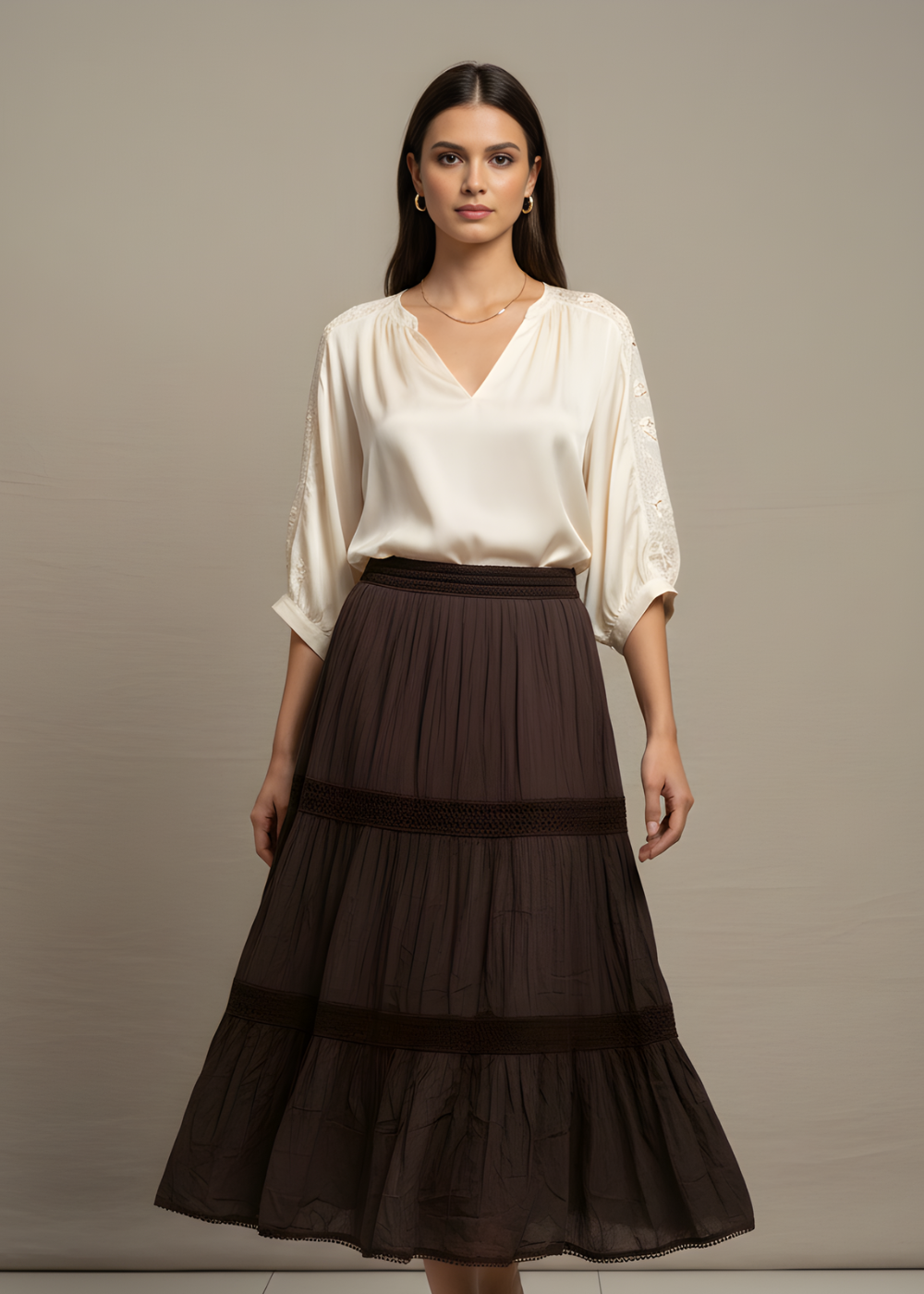 Lace-Trim Tiered Maxi Skirt