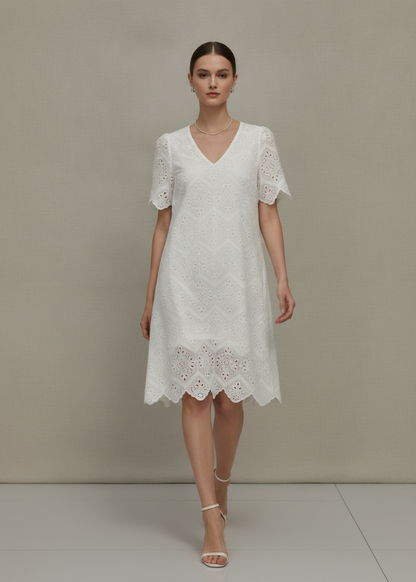 V-Neck Eyelet Midi Dress