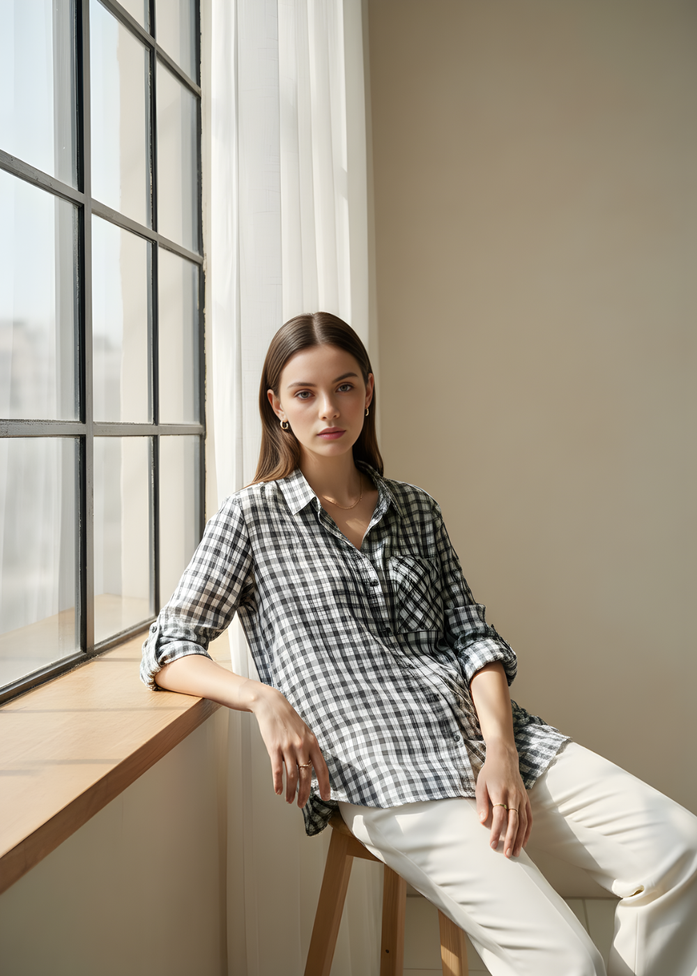 Roll-Sleeve Plaid Shirt