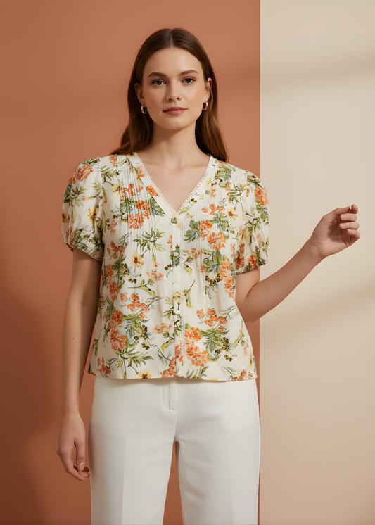 Lace-Trim Puff Sleeve Top