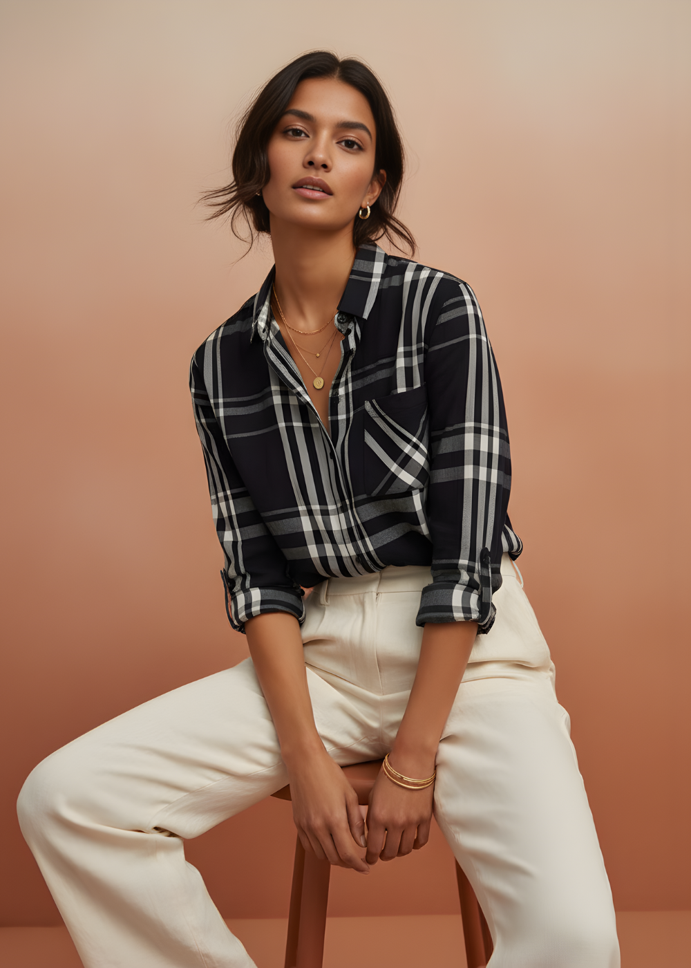 Roll-Sleeve Plaid Shirt