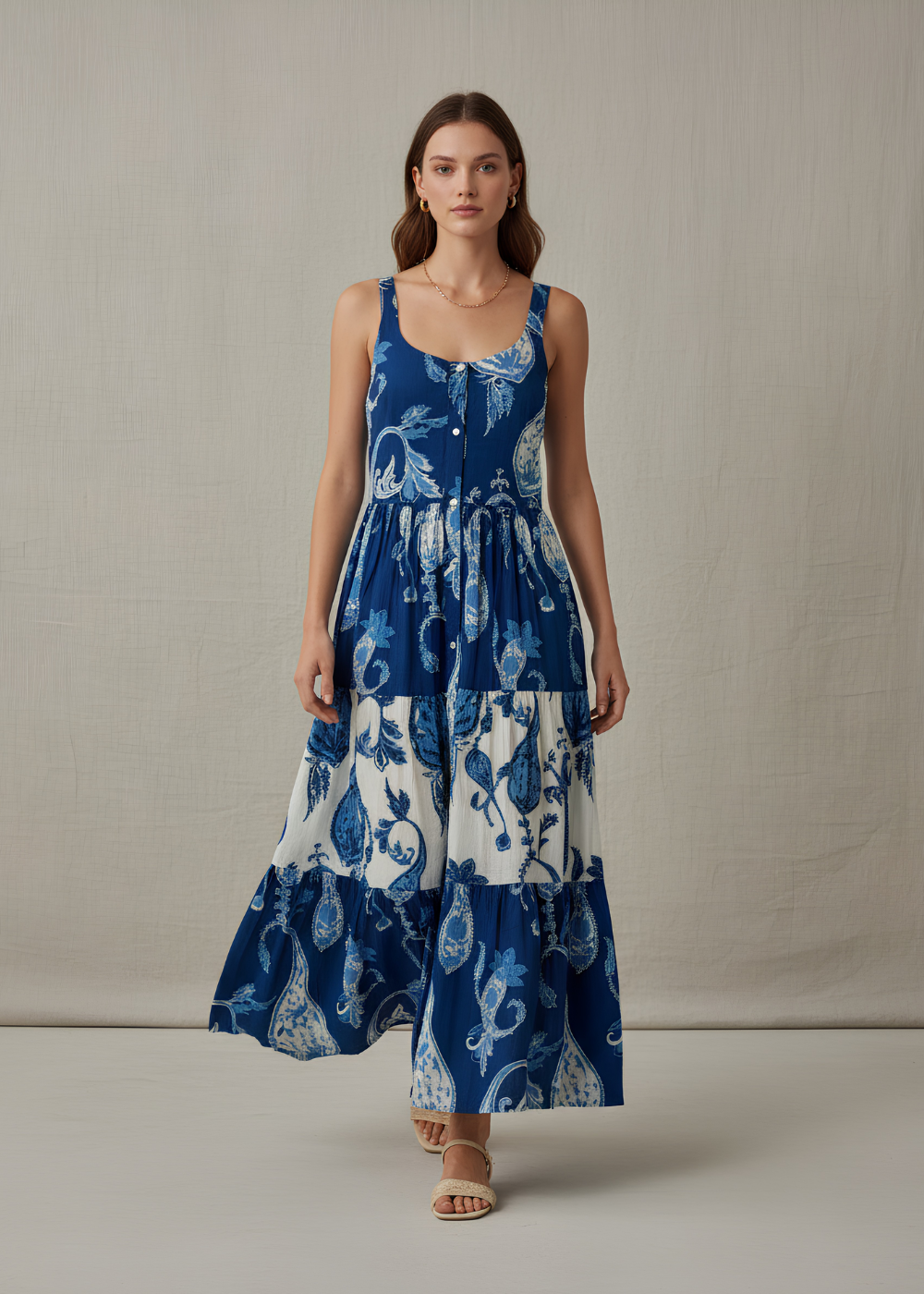 Tiered Button-Front Maxi Dress
