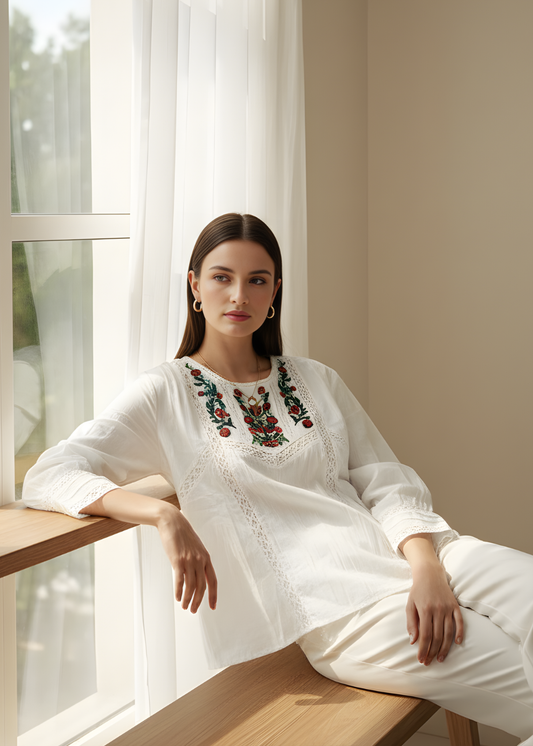 Embroidered Lace Trim Blouse