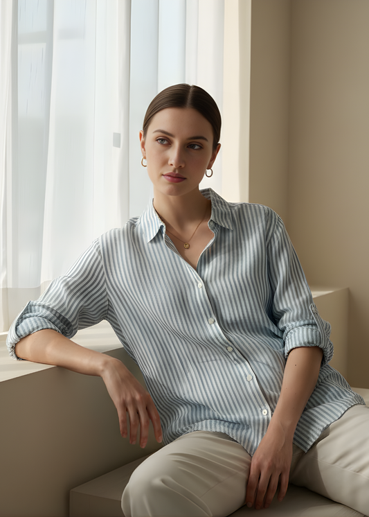 Button-Front Roll-Up Blouse