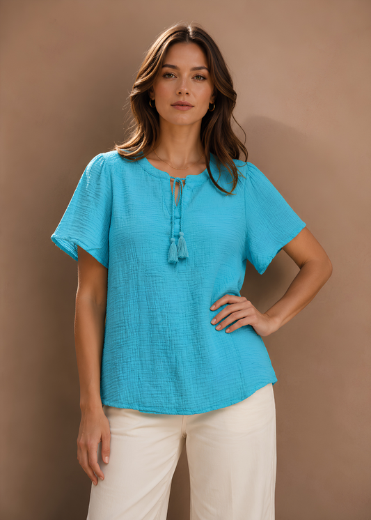 Tassel Tie Flutter Sleeve Blouse