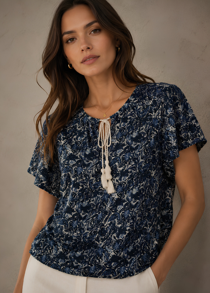 Tassel Tie Flutter Sleeve Blouse