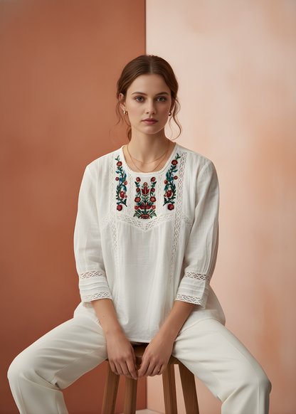 Embroidered Lace Trim Blouse
