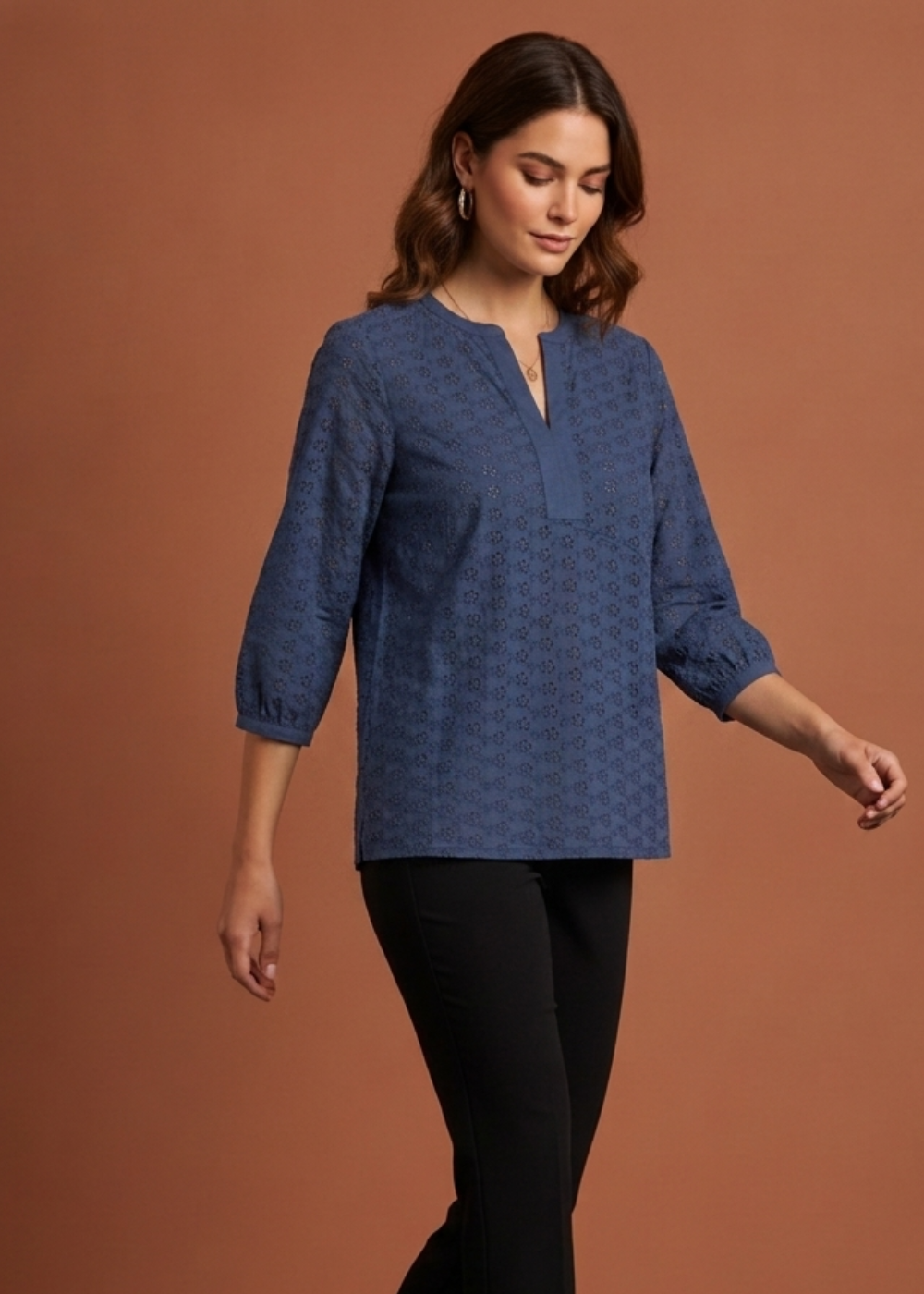 Floral Eyelet Split Neck Top