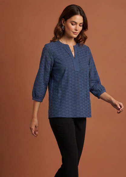 Floral Eyelet Split Neck Top