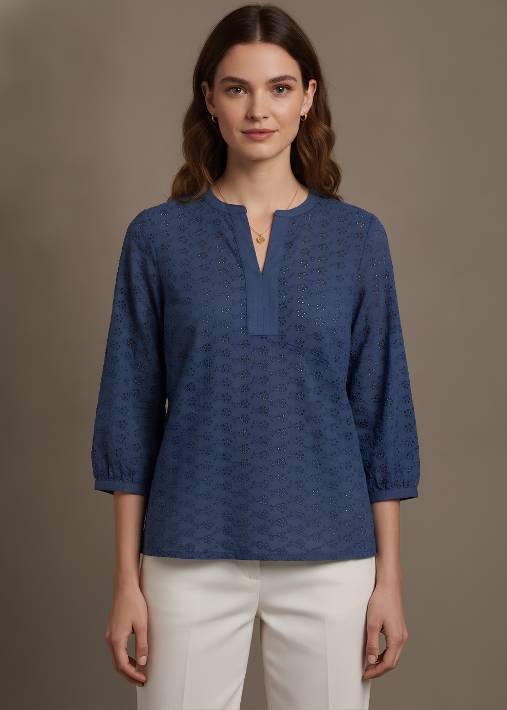 Floral Eyelet Split Neck Top
