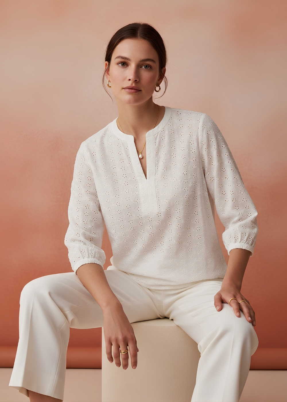 Floral Eyelet Split Neck Top