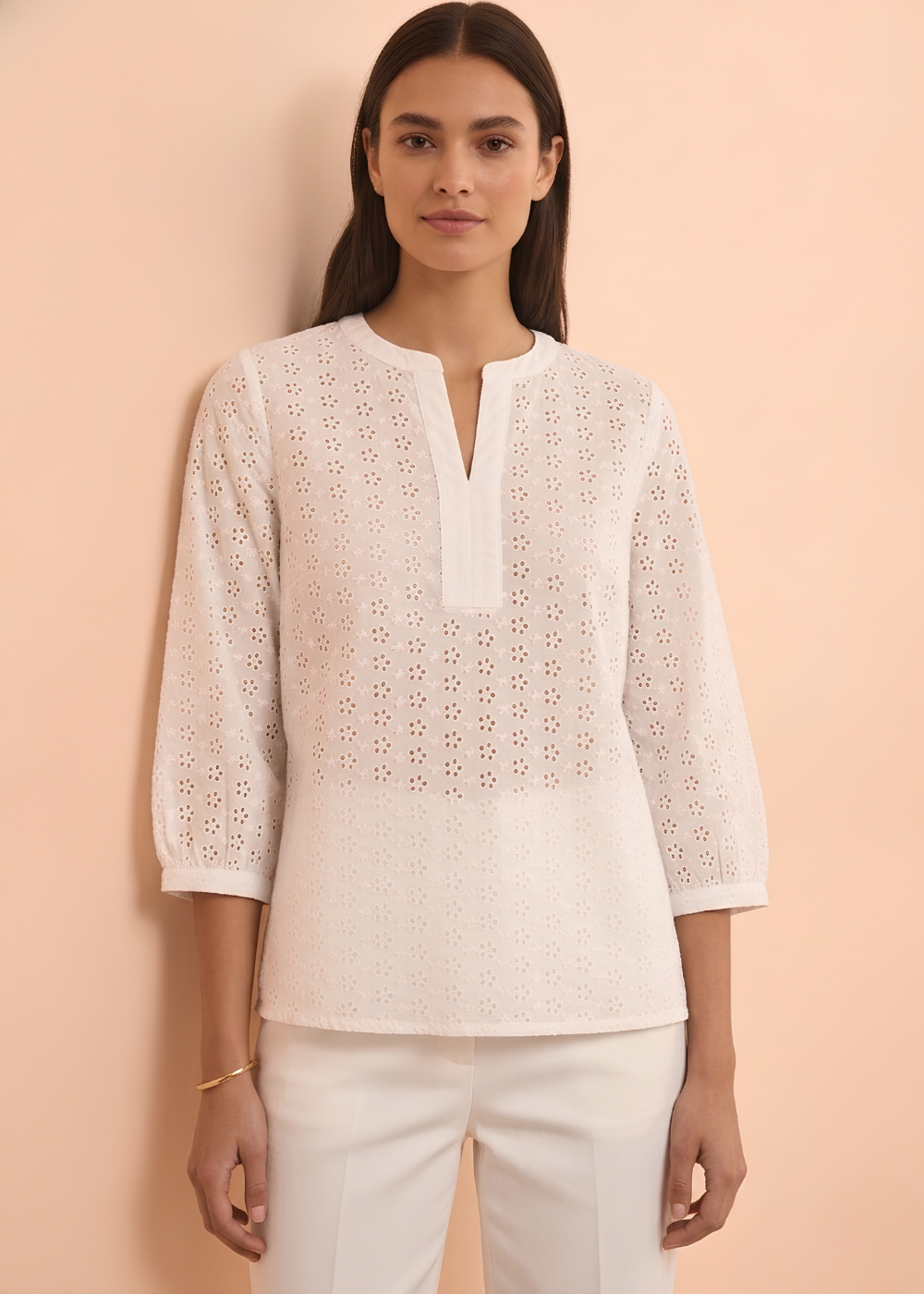 Floral Eyelet Split Neck Top
