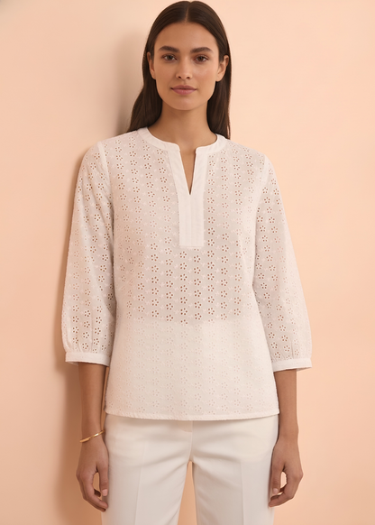 Floral Eyelet Split Neck Top