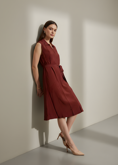 Tie-Waist Collared Midi Dress