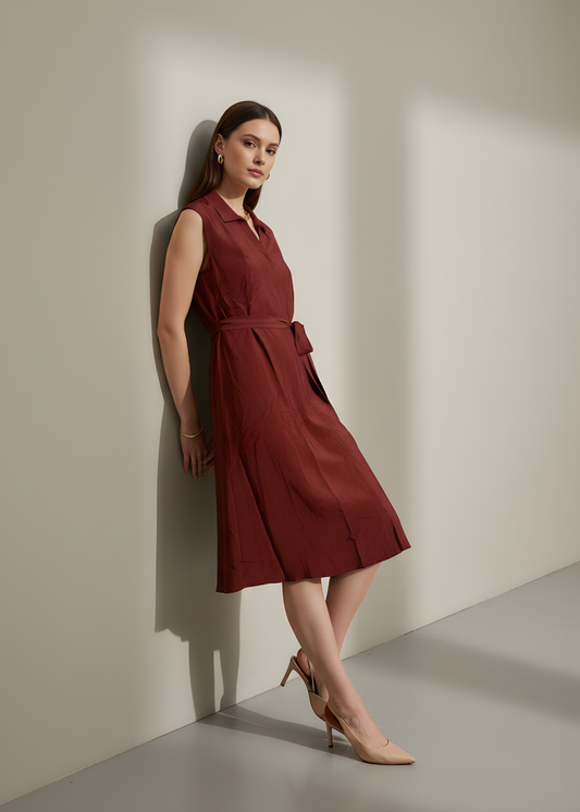 Tie-Waist Collared Midi Dress