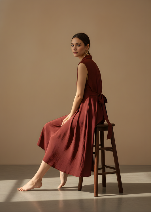Tie-Waist Collared Midi Dress