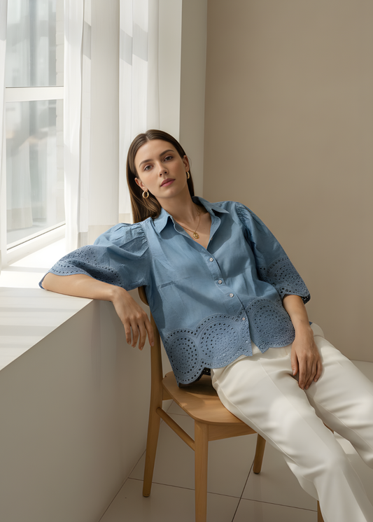 Puff-Sleeve Cutwork Blouse