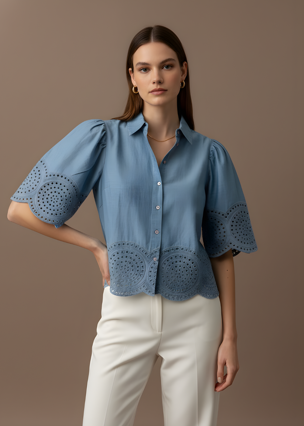 Puff-Sleeve Cutwork Blouse