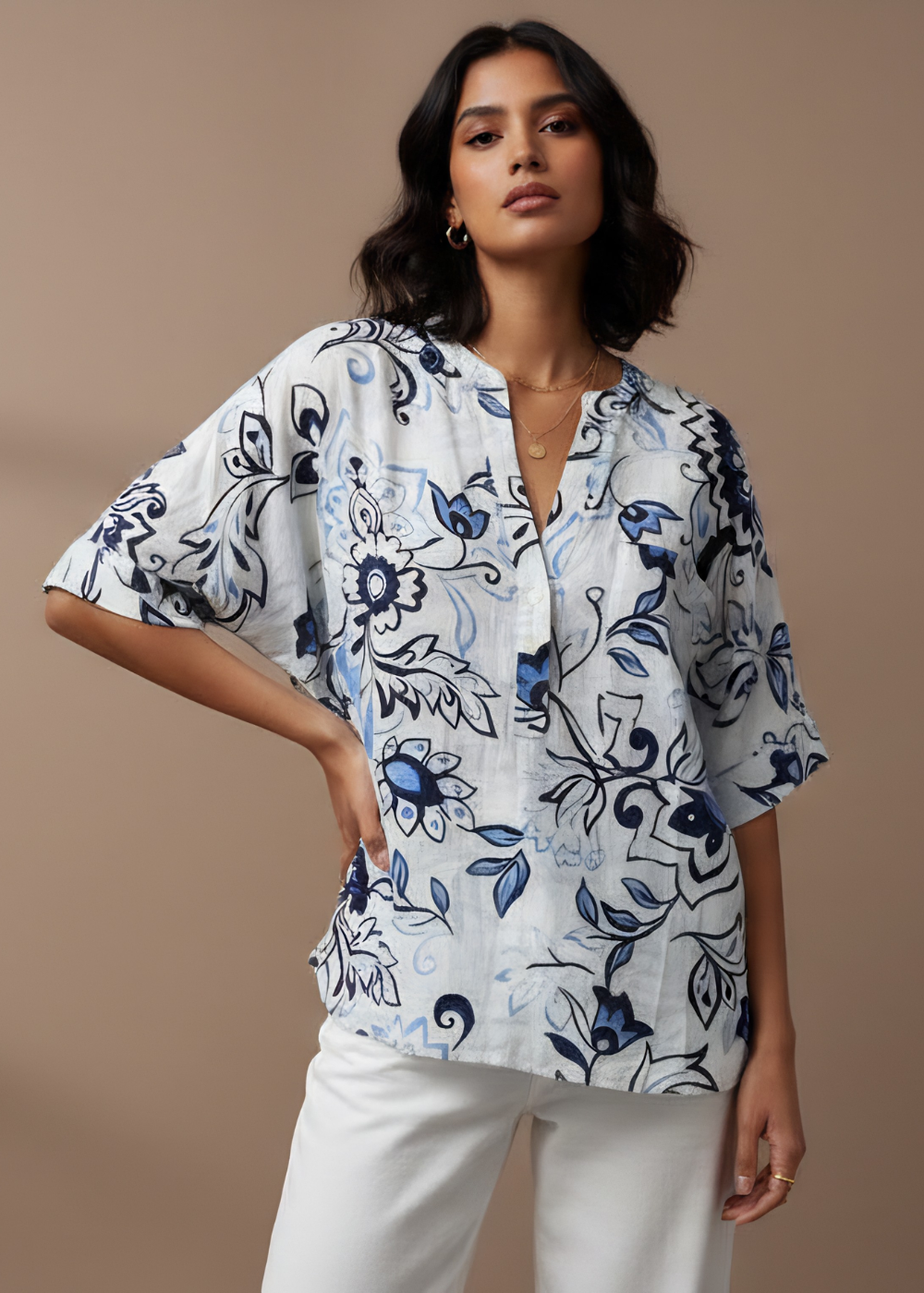 Graphic Floral Split-Neck Top