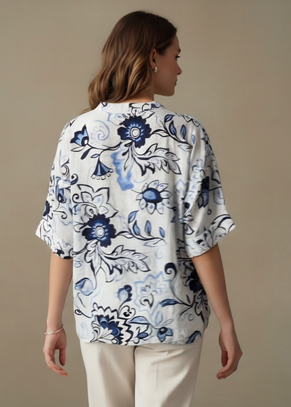 Graphic Floral Split-Neck Top