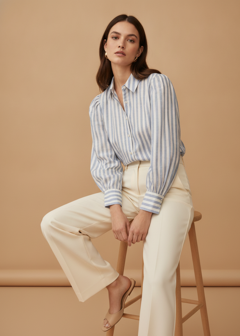 Puff Sleeve Striped Button-Down Blouse