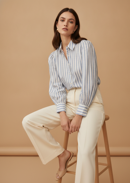 Puff Sleeve Striped Button-Down Blouse