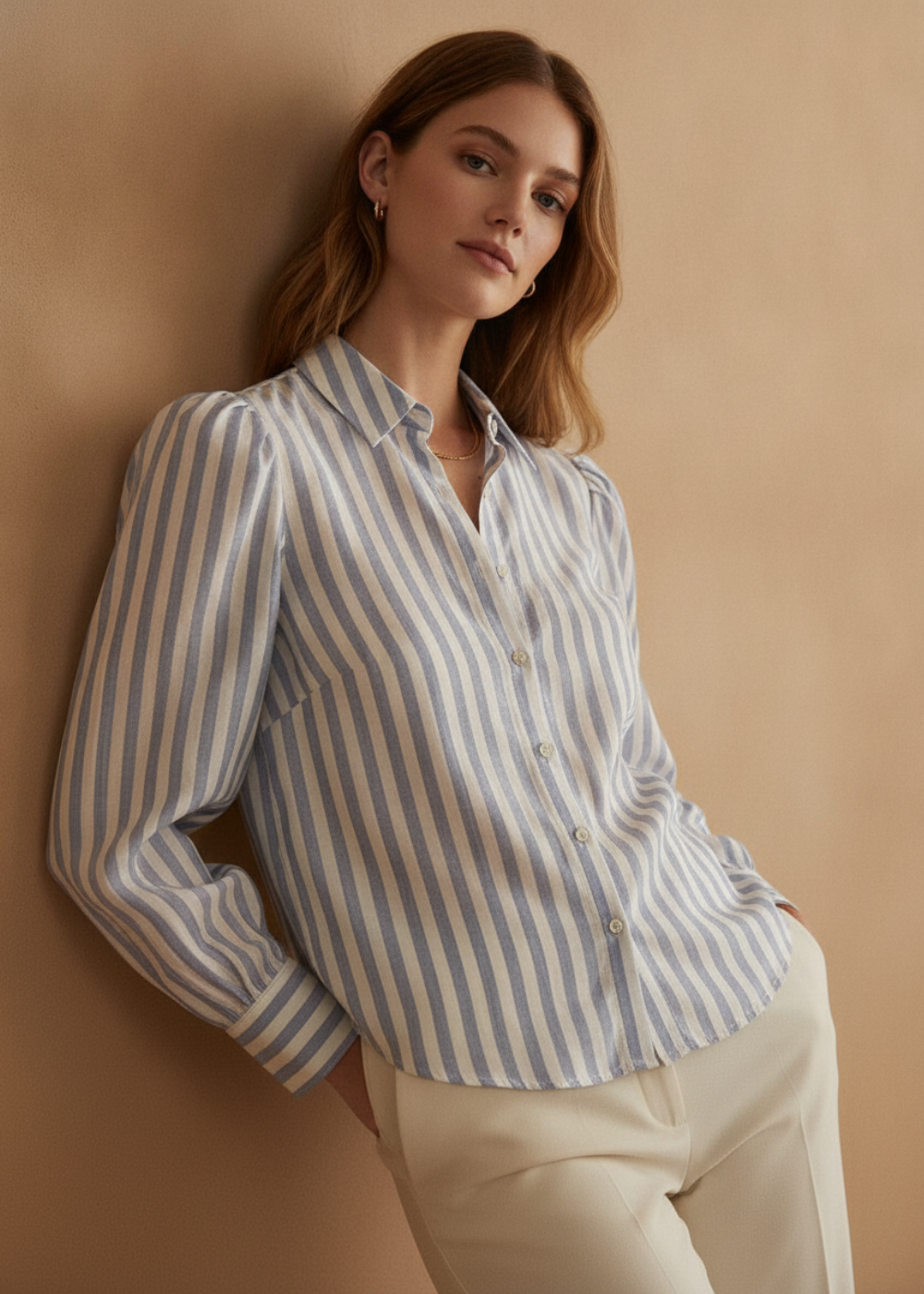 Puff Sleeve Striped Button-Down Blouse